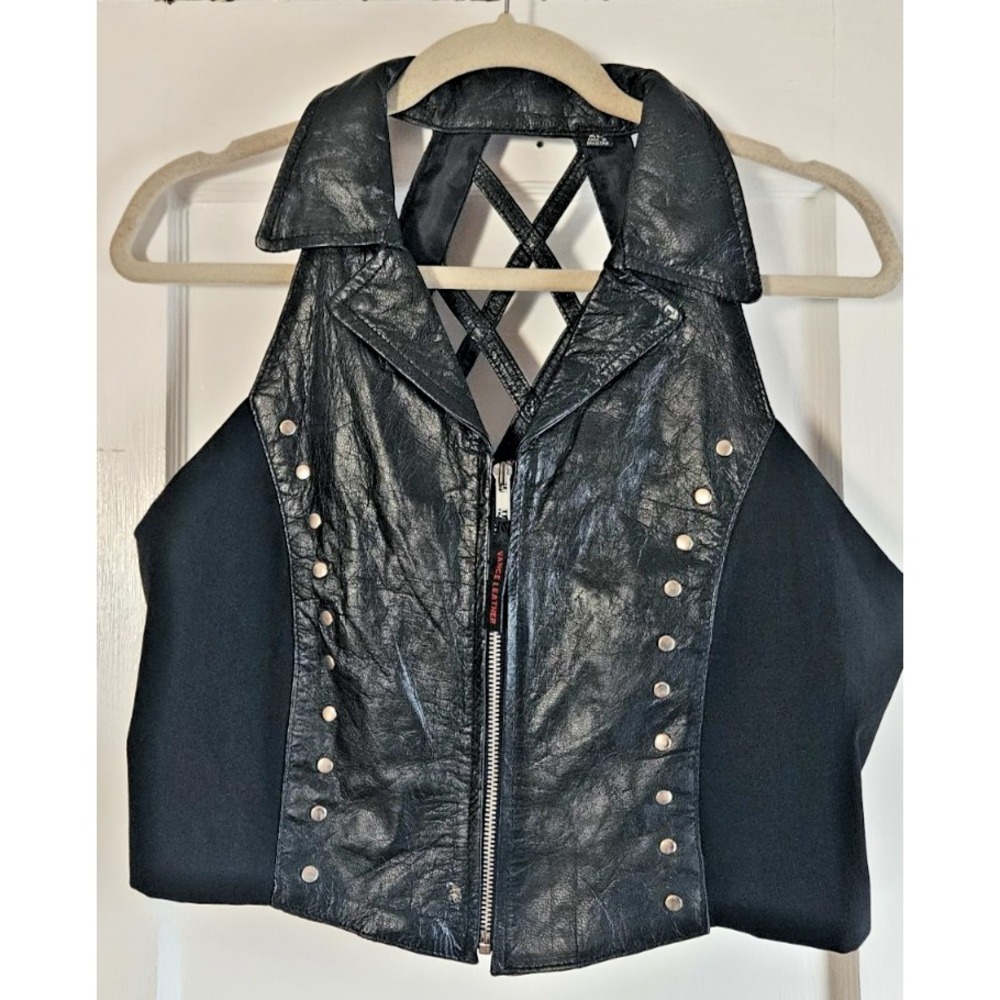 Vintage VANCE leathers usa studded biker vest lattice back collared woman XL‎